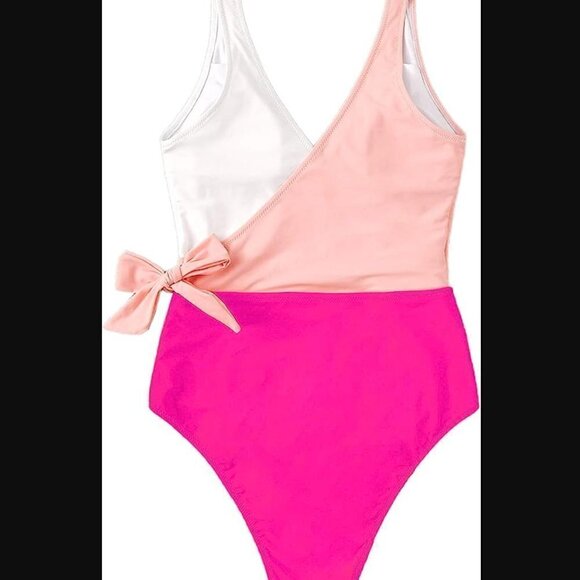 SweatyRocks One Piece V Neck Tie Front Pink & White Color Block Bathing Suit L - Picture 5 of 9